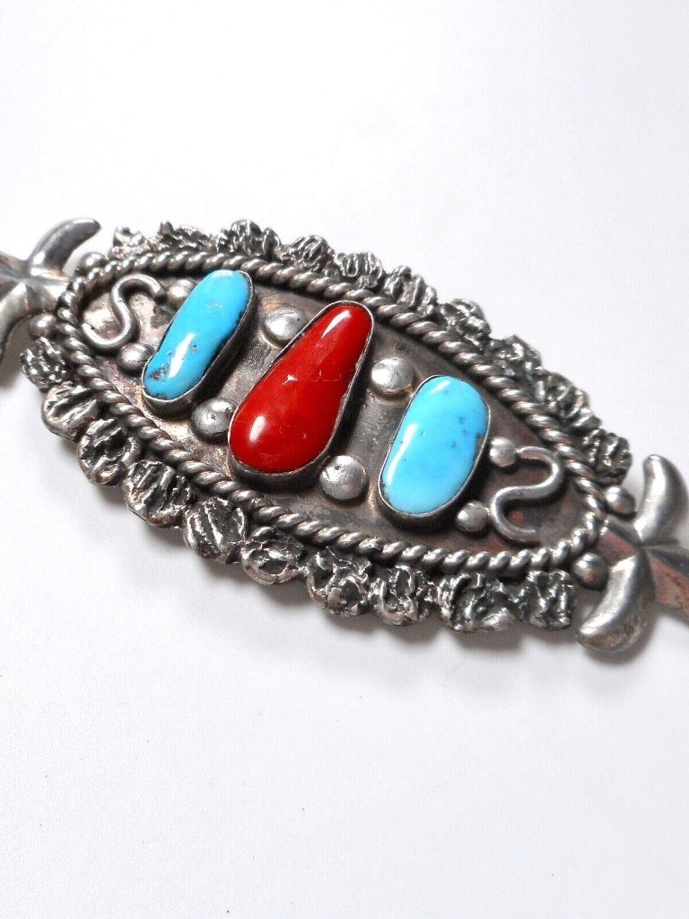 VTG Navajo Turquoise Coral Pin Old Pawn Brooch Silver Fleur de Lis Ornate